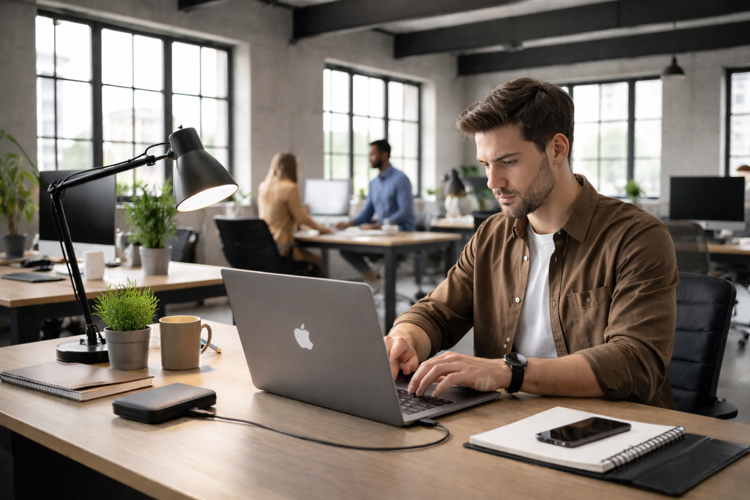 Een man achter een laptop maakt back-ups